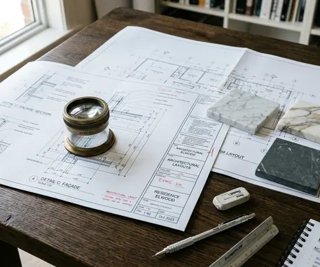 Documentary-style shot of high-end architectural blueprints spread on a dark oak table next